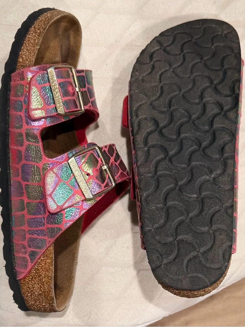 Birkenstock Pink Croc-Textured Double-Buckle Slide Sandals